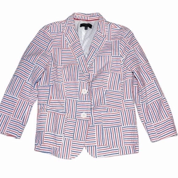 Talbots Seersucker Stripe Patchwork Blazer Size 8P - Picture 7 of 12